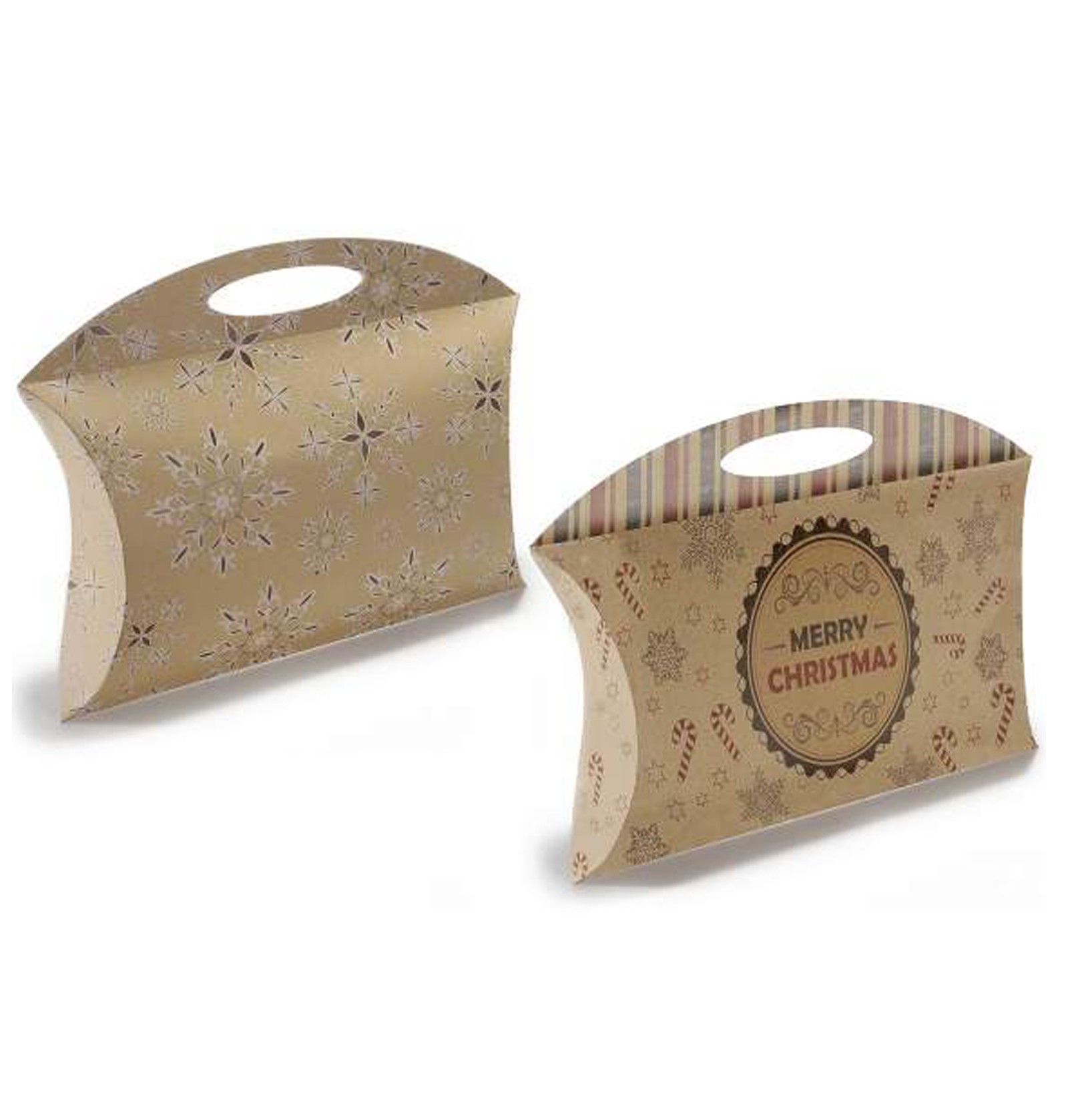20Pz. Busta con manico natalizia a cuscino in carta naturale con manico  Misure: cm34x7,5x20H
